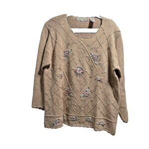 VTG Floral Embroidered knit top 1XL Cottagecore Grandmacore 90s 80s ramie